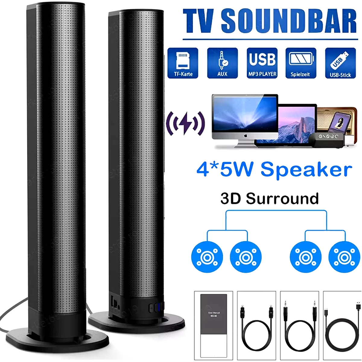 2 in 1 Detachable Wirelesssoundbar Home Theater Stereo Surround Wireless Speaker TV Soundbar Supports Wireless/Aux/Opt/Tf/Usb/Fm