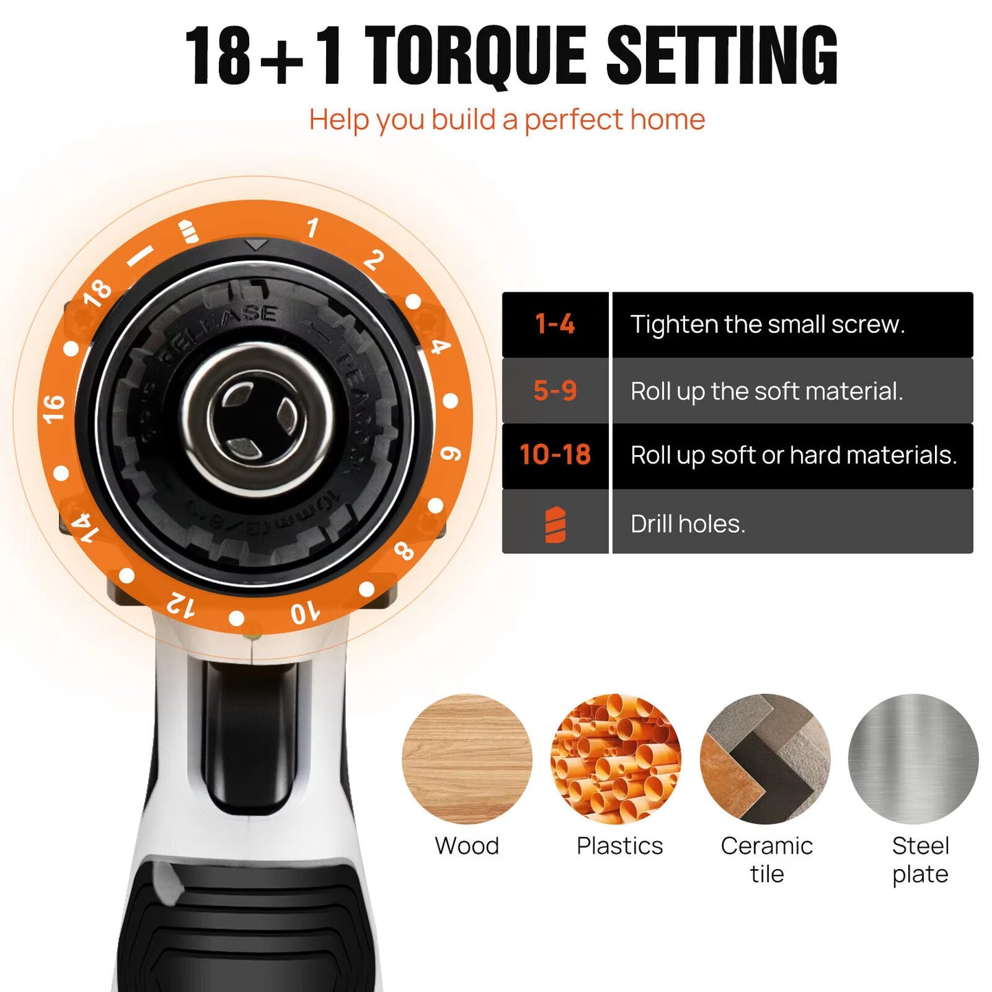 Cordless Drill Screwdriver with Battery, 45Nm Electric Screwdriver, Impact Driver Drill, 2 Speed, Forward & Reverse Setting