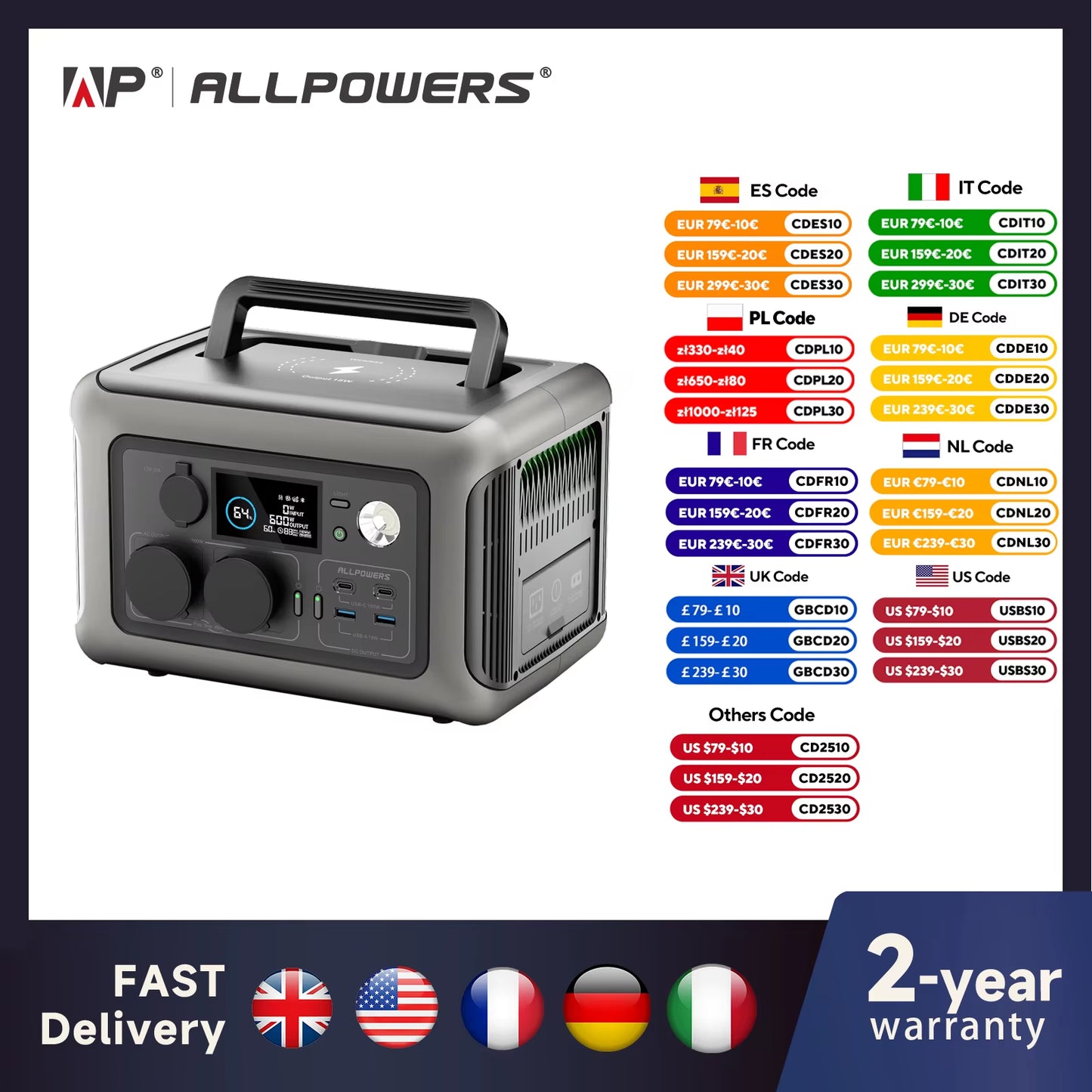 Portable Power Station R600, 299Wh Lifep04 Battery with 2X 600W (1200W Surge) AC Outlets for Outdoor Camping RV Home