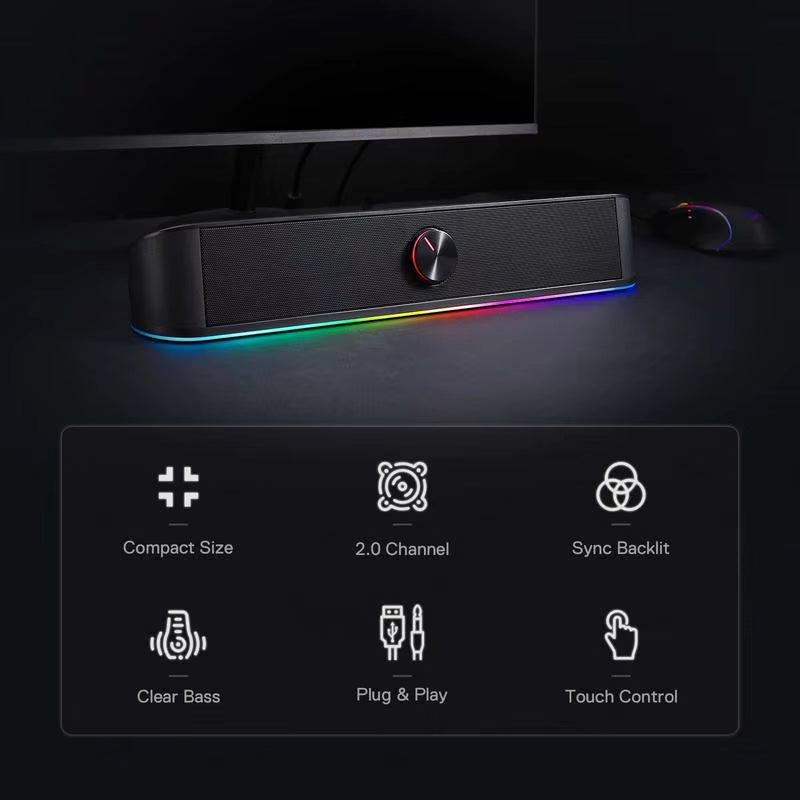 GS560 Adiemus RGB USB Desktop Soundbar, 2.0 Channel Computer Speaker with Dynamic Lighting Bar Audio-Light Sync/Display